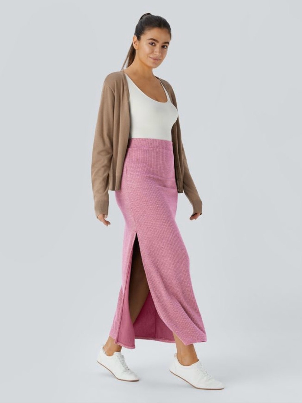 NWT Halara Pink Ribbed Side Slit Maxi Skirt Elastic Waist Size Large Regular